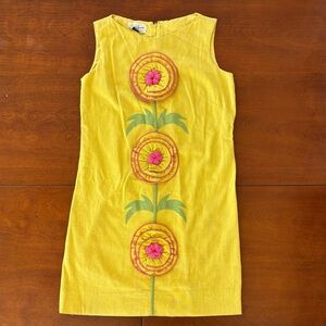 Vintage Eddy George Yellow Mini Shift Dress with Pink Floral Design
